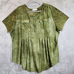 Shannon Ford  Tunic Top Womens 2X Green Short Sleeve Pleated flowy slinky office